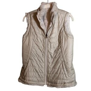 Ivory Cream Faux Fur Reversible Zip Front Vest Pockets Size XS